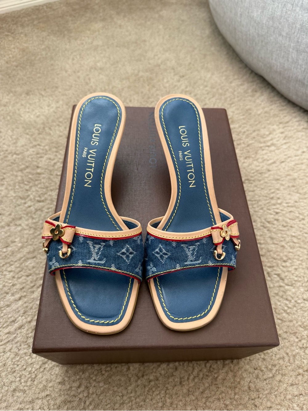 Louis Vuitton Denim & Blue Leather Slide Mules with Tan Trim